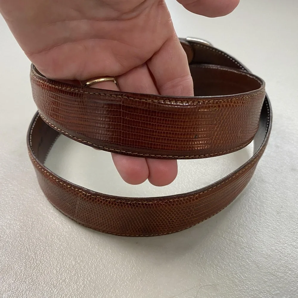 VTG Chacon Sterling Silver Genuine Lizard Belt Brown Mens 39 Fits 38 39 40 41 42